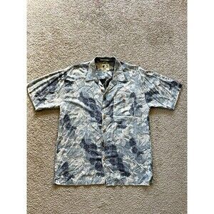M.E. Sport Mens L Hawaiian Shirt Gray Black Floral 100% Rayon Made in Korea